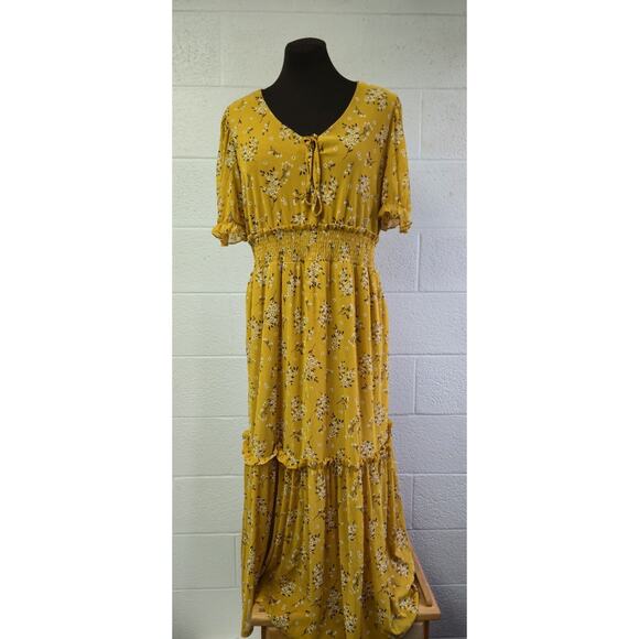Sirenlily 3/4 Sleeve Maxi Floral Dress XL Yellow Lined Smocked Waist Tiered - Picture 4 of 7